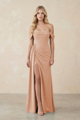 Off - the - Shoulder Corset Sheath Chiffon Bridesmaid Dress in Champagne Rose - KISS BRIDAL Bridesmaid Dresses