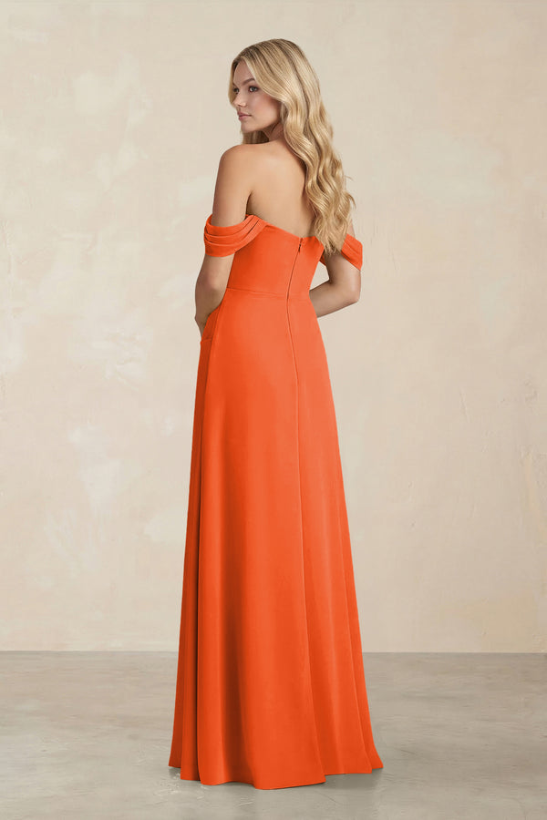 Off-the-Shoulder Corset Sheath Chiffon Bridesmaid Dress in Cinnamon (2) | KISSBRIDAL