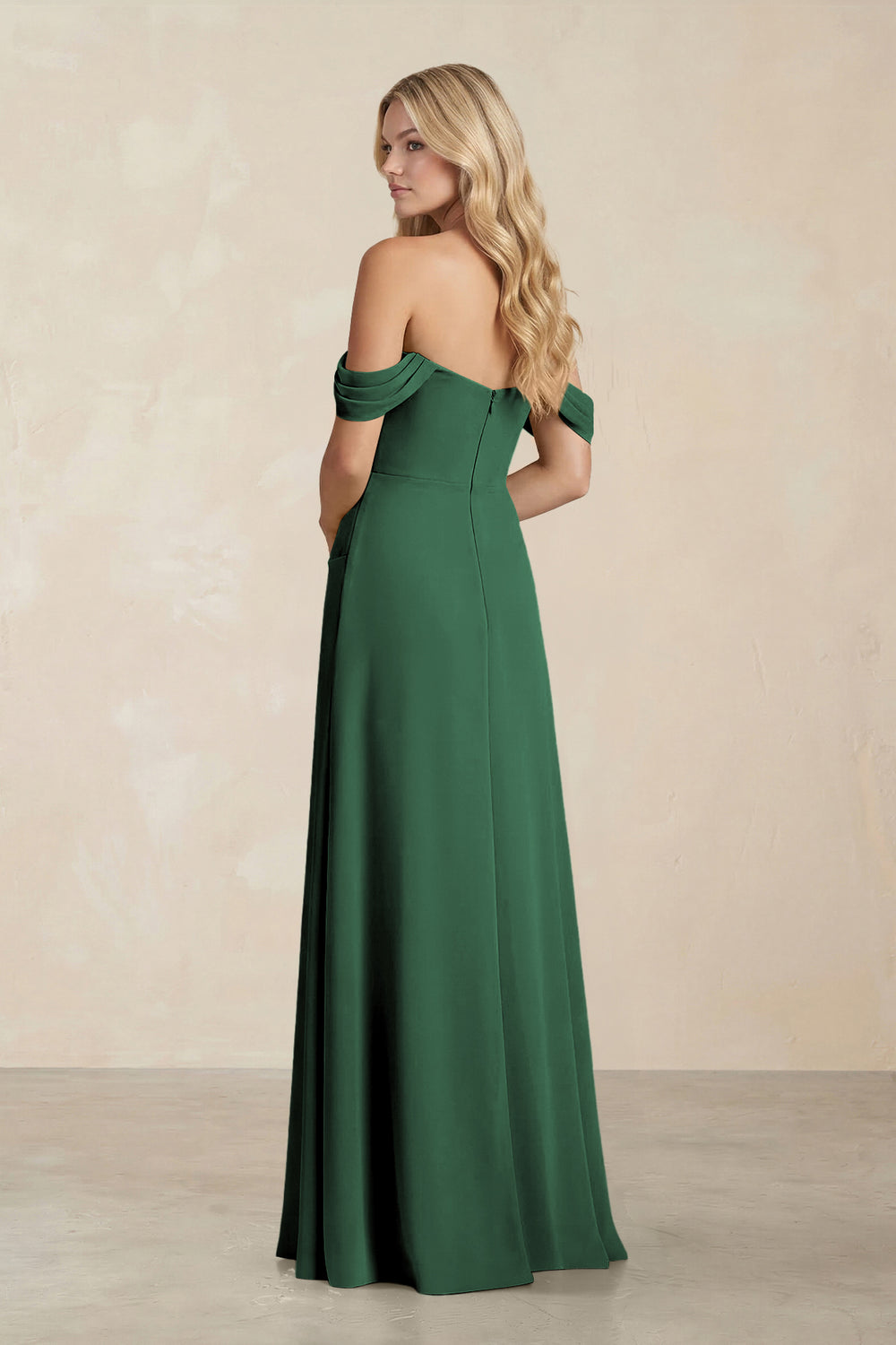 Off-the-Shoulder Corset Sheath Chiffon Bridesmaid Dress in Dark Green