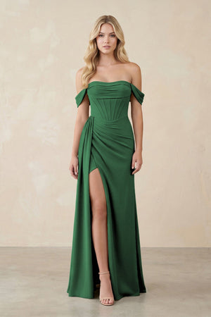 Off - the - Shoulder Corset Sheath Chiffon Bridesmaid Dress in Dark Green - SHE IS ME Bridesmaid Dresses