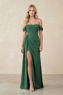 Off-the-Shoulder Corset Sheath Chiffon Bridesmaid Dress in Dark Green | KISSBRIDAL