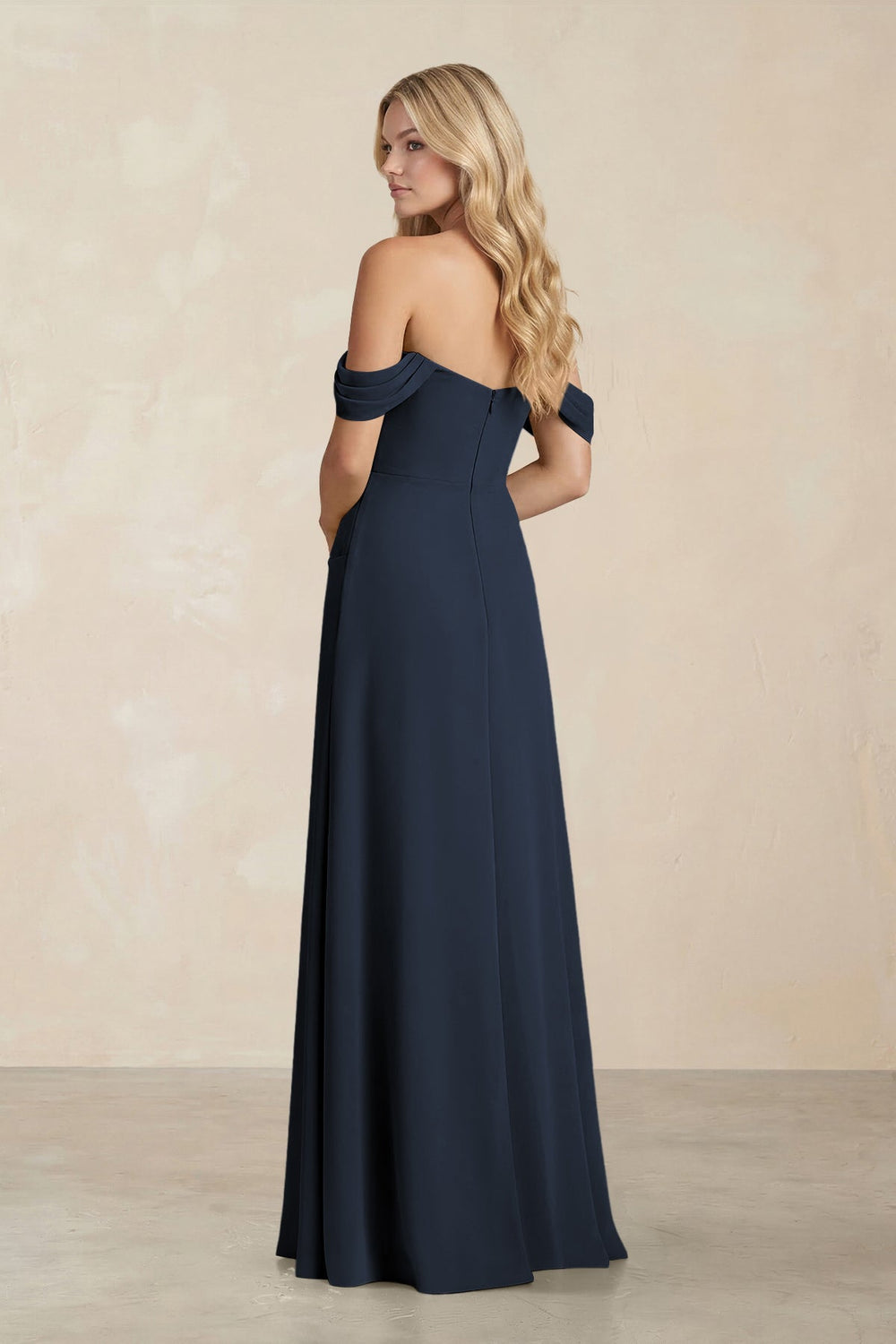 Off - the - Shoulder Corset Sheath Chiffon Bridesmaid Dress in Dark Navy - KISS BRIDAL Bridesmaid Dresses