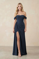 Off - the - Shoulder Corset Sheath Chiffon Bridesmaid Dress in Dark Navy - SHE IS ME Bridesmaid Dresses
