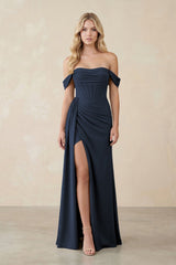 Off - the - Shoulder Corset Sheath Chiffon Bridesmaid Dress in Dark Navy - KISS BRIDAL Bridesmaid Dresses
