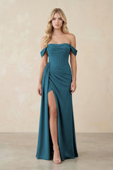 Off - the - Shoulder Corset Sheath Chiffon Bridesmaid Dress in Dark Teal - KISS BRIDAL Bridesmaid Dresses