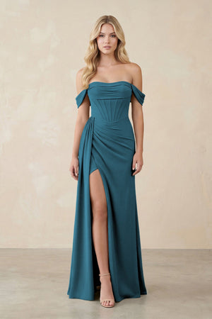 Off - the - Shoulder Corset Sheath Chiffon Bridesmaid Dress in Dark Teal - SHE IS ME Bridesmaid Dresses