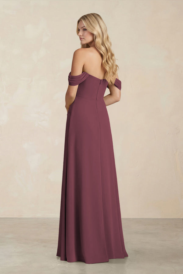 Off-the-Shoulder Corset Sheath Chiffon Bridesmaid Dress in Desert Rose (2) | KISSBRIDAL