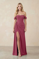 Off - the - Shoulder Corset Sheath Chiffon Bridesmaid Dress in Desert Rose - SHE IS ME Bridesmaid Dresses