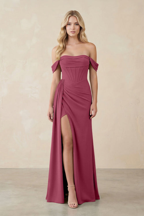Off - the - Shoulder Corset Sheath Chiffon Bridesmaid Dress in Desert Rose - SHE IS ME Bridesmaid Dresses