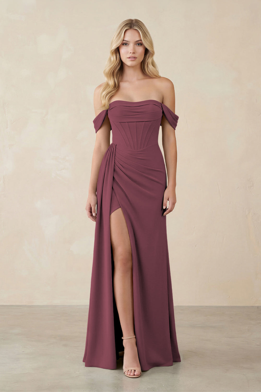 Off-the-Shoulder Corset Sheath Chiffon Bridesmaid Dress in Desert Rose