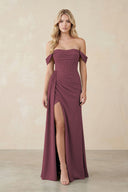 Off-the-Shoulder Corset Sheath Chiffon Bridesmaid Dress in Desert Rose | KISSBRIDAL