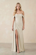 Off - the - Shoulder Corset Sheath Chiffon Bridesmaid Dress in Dove Gray - SHE IS ME Bridesmaid Dresses