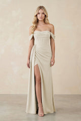 Off - the - Shoulder Corset Sheath Chiffon Bridesmaid Dress in Dove Gray - KISS BRIDAL Bridesmaid Dresses