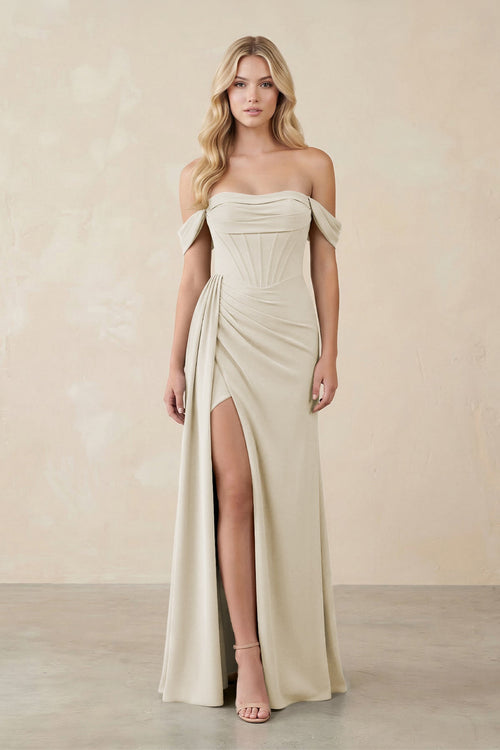Off - the - Shoulder Corset Sheath Chiffon Bridesmaid Dress in Dove Gray - SHE IS ME Bridesmaid Dresses