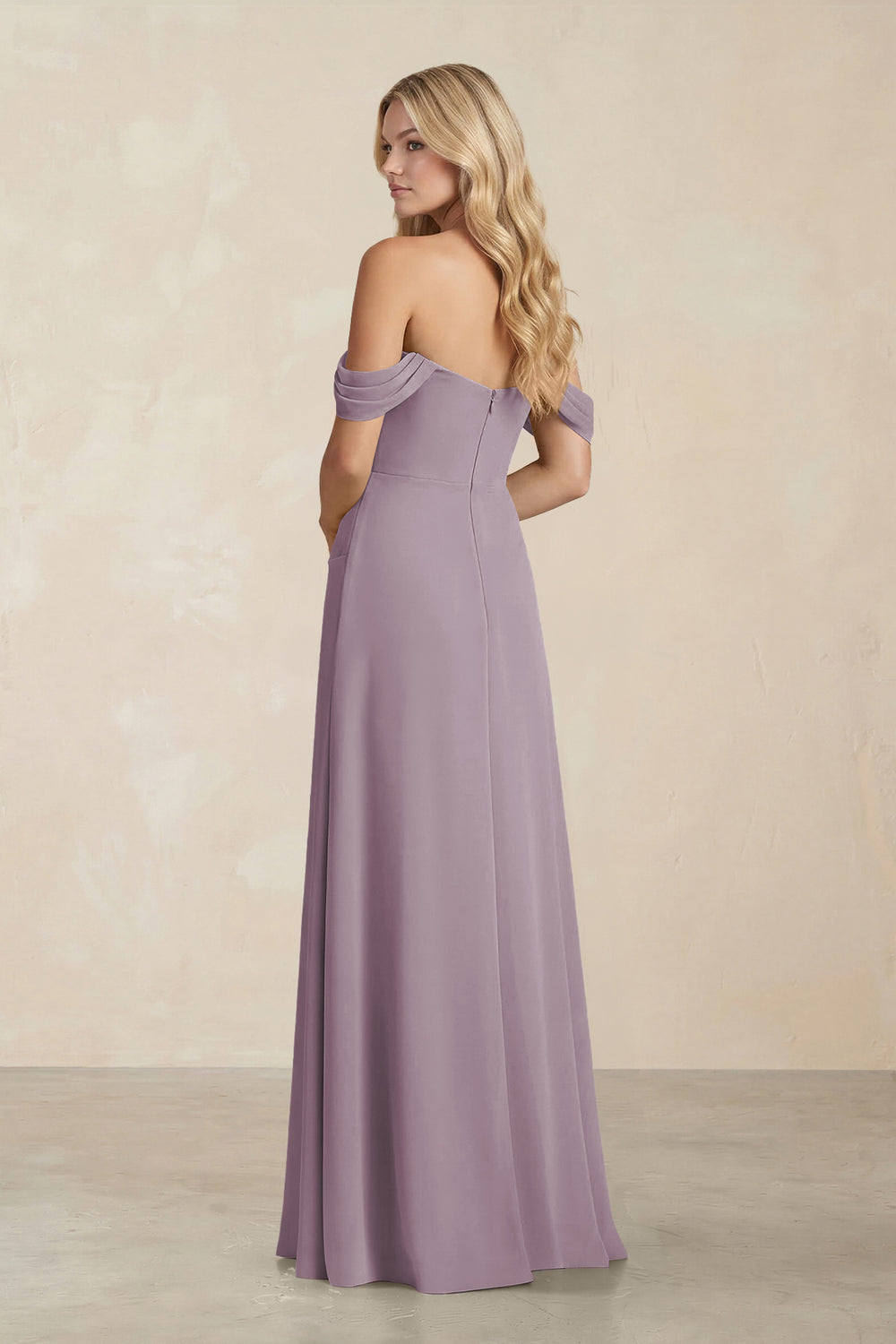 Off-the-Shoulder Corset Sheath Chiffon Bridesmaid Dress in Dusk