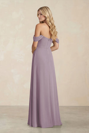 Off-the-Shoulder Corset Sheath Chiffon Bridesmaid Dress in Dusk (2) | KISSBRIDAL