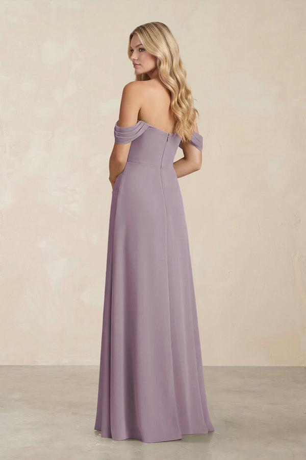 Off-the-Shoulder Corset Sheath Chiffon Bridesmaid Dress in Dusk (2) | KISSBRIDAL