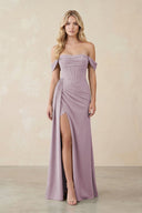 Off - the - Shoulder Corset Sheath Chiffon Bridesmaid Dress in Dusk - SHE IS ME Bridesmaid Dresses