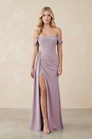 Off - the - Shoulder Corset Sheath Chiffon Bridesmaid Dress in Dusk - SHE IS ME Bridesmaid Dresses