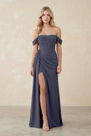 Off - the - Shoulder Corset Sheath Chiffon Bridesmaid Dress in Dusk Blue - SHE IS ME Bridesmaid Dresses