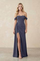 Off - the - Shoulder Corset Sheath Chiffon Bridesmaid Dress in Dusk Blue - KISS BRIDAL Bridesmaid Dresses