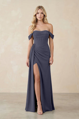 Off - the - Shoulder Corset Sheath Chiffon Bridesmaid Dress in Dusk Blue - SHE IS ME Bridesmaid Dresses
