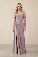 Off-the-Shoulder Corset Sheath Chiffon Bridesmaid Dress in Dusk | KISSBRIDAL