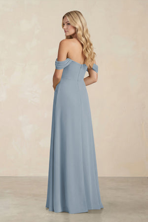 Off-the-Shoulder Corset Sheath Chiffon Bridesmaid Dress in Dusty Blue (2) | KISSBRIDAL