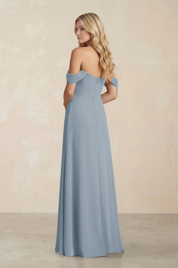 Off-the-Shoulder Corset Sheath Chiffon Bridesmaid Dress in Dusty Blue (2) | KISSBRIDAL