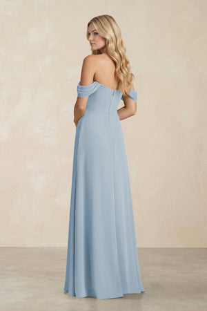 Off - the - Shoulder Corset Sheath Chiffon Bridesmaid Dress in Dusty Blue - SHE IS ME Bridesmaid Dresses