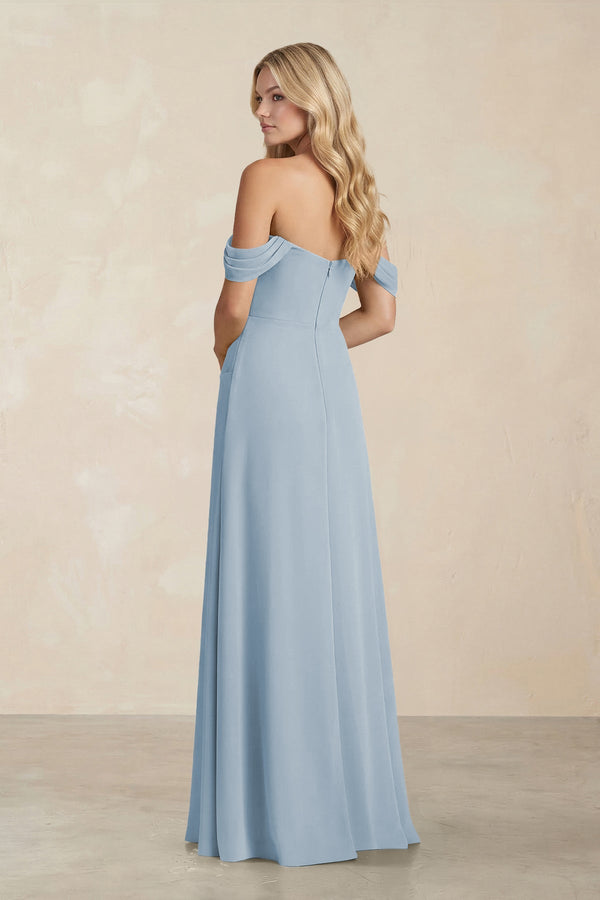 Off - the - Shoulder Corset Sheath Chiffon Bridesmaid Dress in Dusty Blue - SHE IS ME Bridesmaid Dresses