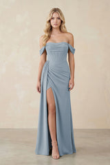 Off-the-Shoulder Corset Sheath Chiffon Bridesmaid Dress in Dusty Blue | KISSBRIDAL