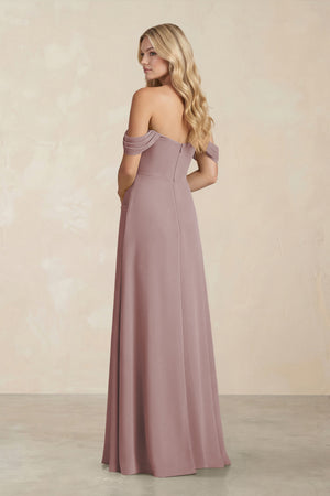 Off-the-Shoulder Corset Sheath Chiffon Bridesmaid Dress in Dusty Rose (2) | KISSBRIDAL
