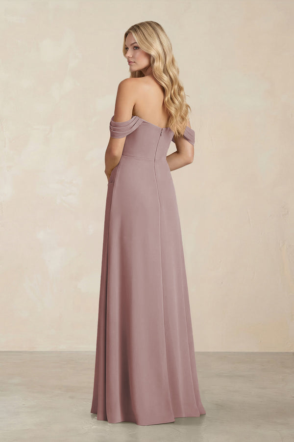 Off-the-Shoulder Corset Sheath Chiffon Bridesmaid Dress in Dusty Rose (2) | KISSBRIDAL
