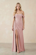 Off - the - Shoulder Corset Sheath Chiffon Bridesmaid Dress in Dusty Rose - SHE IS ME Bridesmaid Dresses