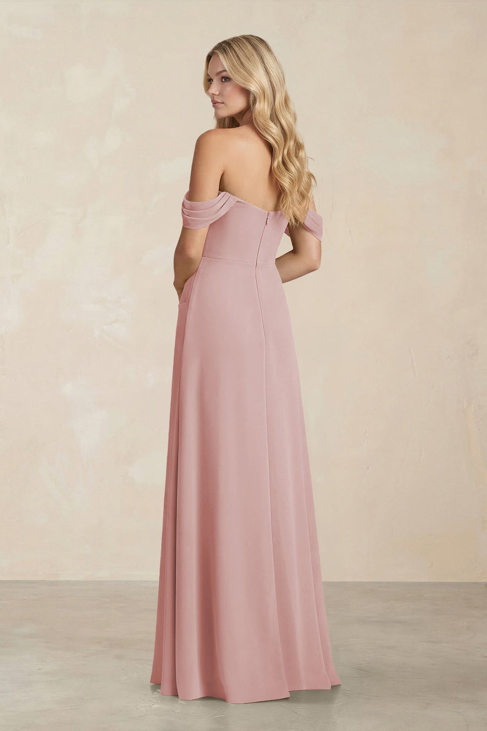 Off - the - Shoulder Corset Sheath Chiffon Bridesmaid Dress in Dusty Rose - KISS BRIDAL Bridesmaid Dresses