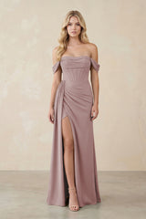 Off-the-Shoulder Corset Sheath Chiffon Bridesmaid Dress in Dusty Rose | KISSBRIDAL
