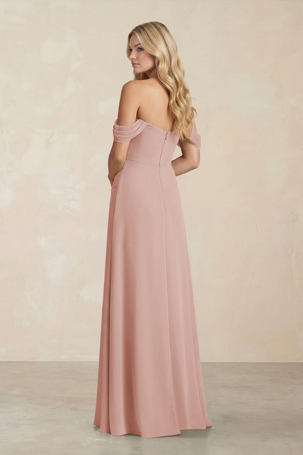 Off-the-Shoulder Corset Sheath Chiffon Bridesmaid Dress in English Rose