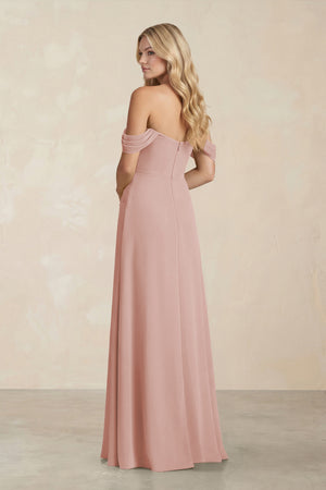 Off-the-Shoulder Corset Sheath Chiffon Bridesmaid Dress in English Rose (2) | KISSBRIDAL