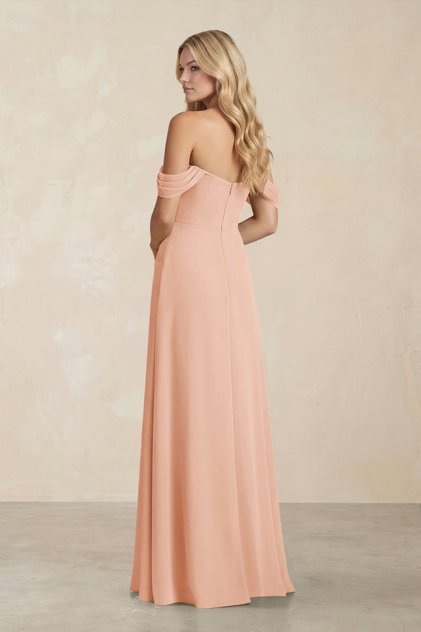 Off - the - Shoulder Corset Sheath Chiffon Bridesmaid Dress in English Rose - SHE IS ME Bridesmaid Dresses