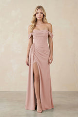 Off-the-Shoulder Corset Sheath Chiffon Bridesmaid Dress in English Rose | KISSBRIDAL