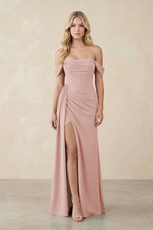 Off-the-Shoulder Corset Sheath Chiffon Bridesmaid Dress in English Rose | KISSBRIDAL