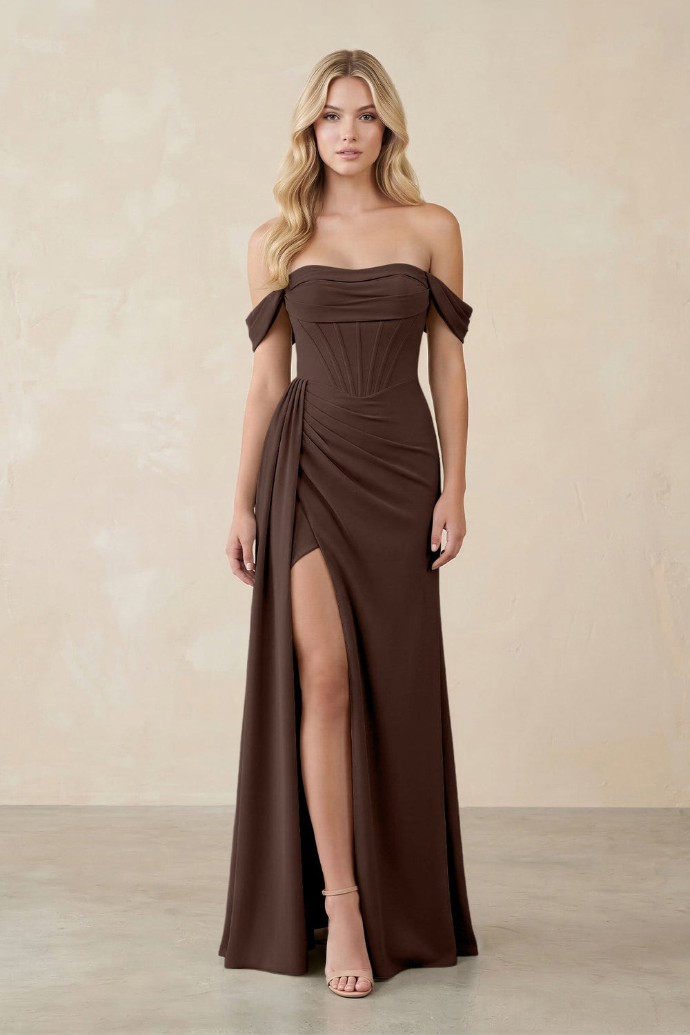 Off - the - Shoulder Corset Sheath Chiffon Bridesmaid Dress in Espresso - KISS BRIDAL Bridesmaid Dresses