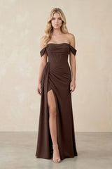 Off - the - Shoulder Corset Sheath Chiffon Bridesmaid Dress in Espresso - KISS BRIDAL Bridesmaid Dresses