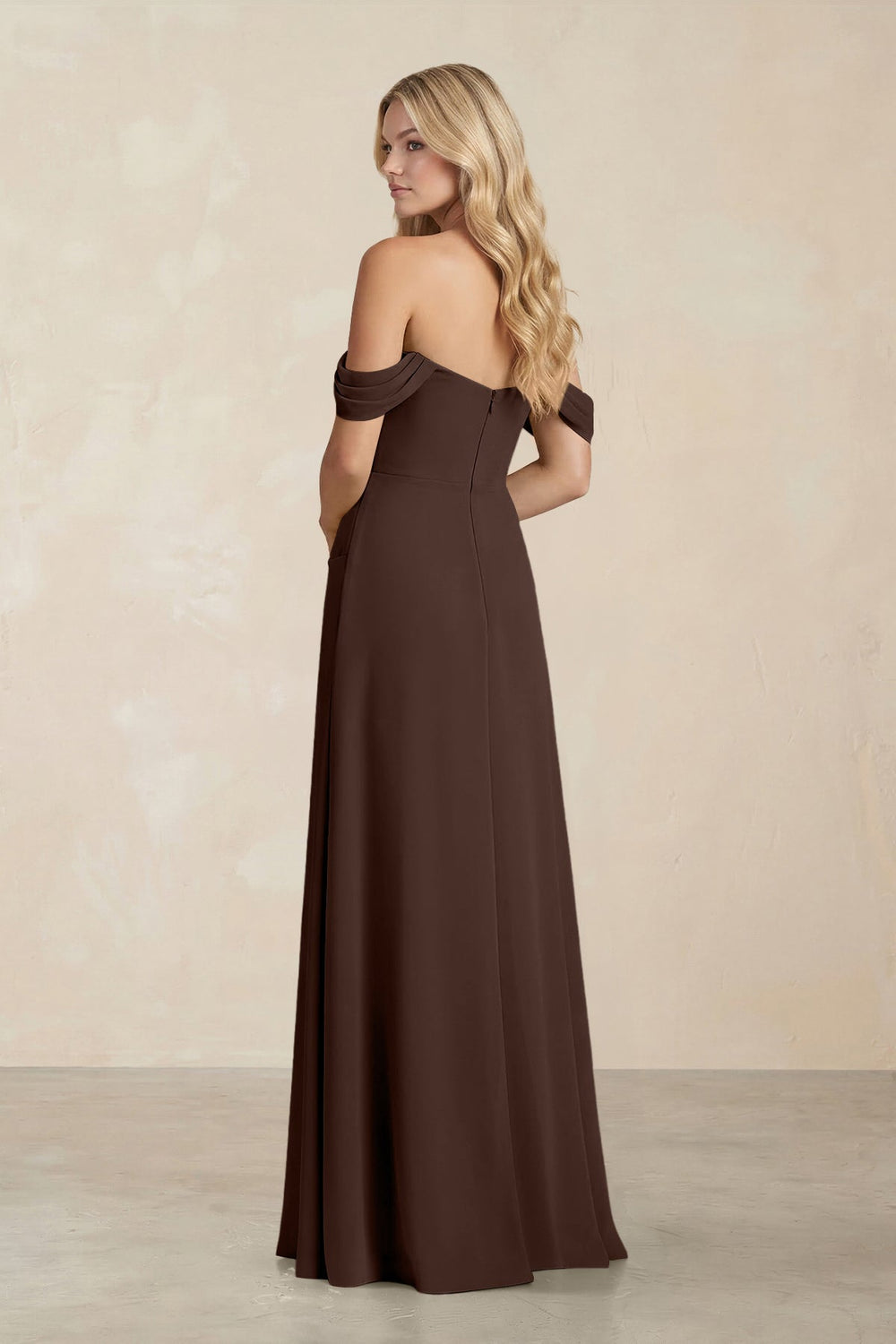 Off - the - Shoulder Corset Sheath Chiffon Bridesmaid Dress in Espresso - KISS BRIDAL Bridesmaid Dresses