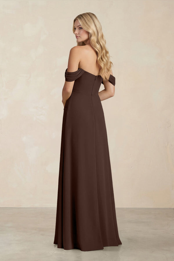 Off - the - Shoulder Corset Sheath Chiffon Bridesmaid Dress in Espresso - SHE IS ME Bridesmaid Dresses