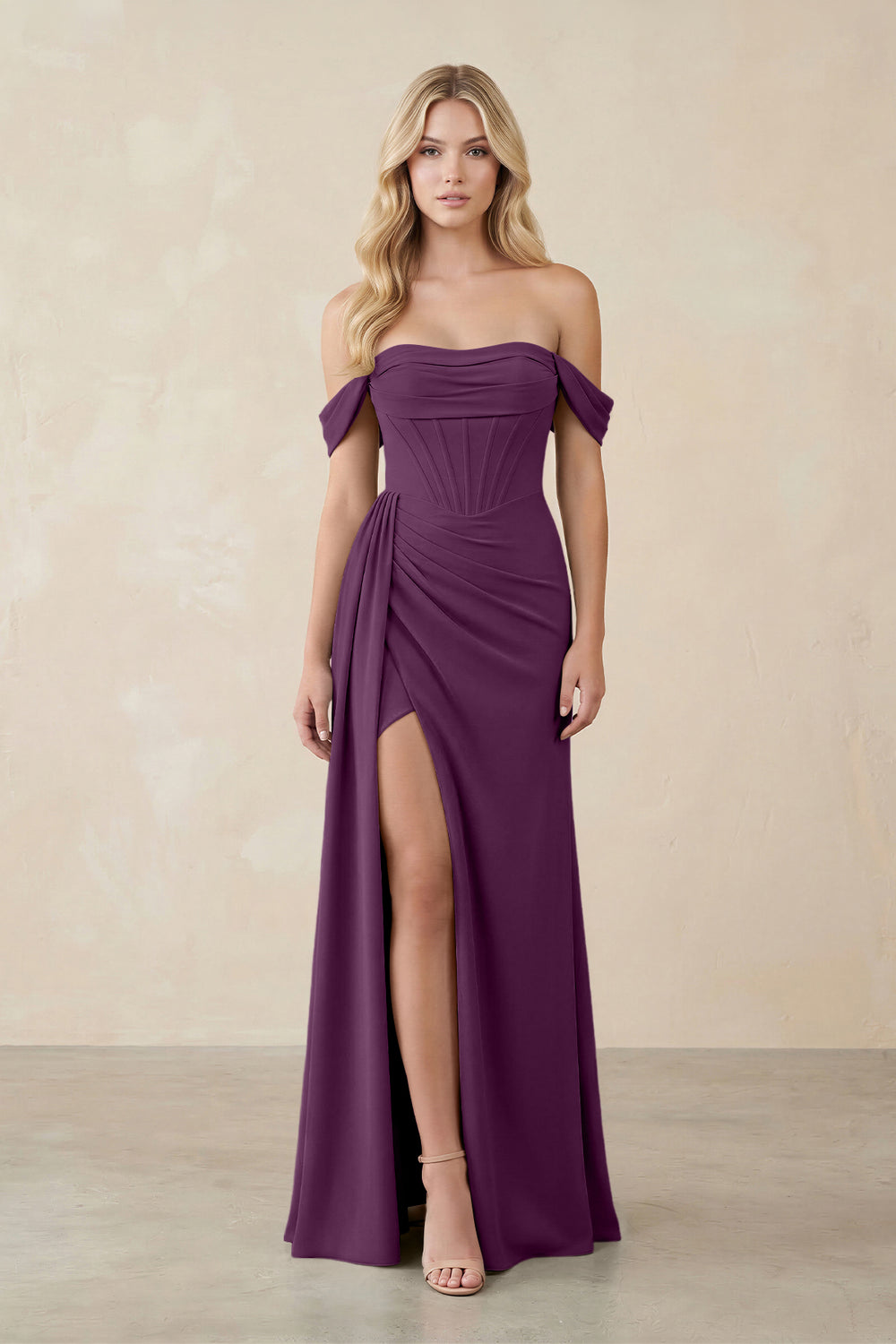 Off-the-Shoulder Corset Sheath Chiffon Bridesmaid Dress in Fig