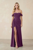 Off-the-Shoulder Corset Sheath Chiffon Bridesmaid Dress in Fig | KISSBRIDAL