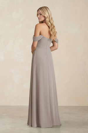 Off-the-Shoulder Corset Sheath Chiffon Bridesmaid Dress in Frost (2) | KISSBRIDAL