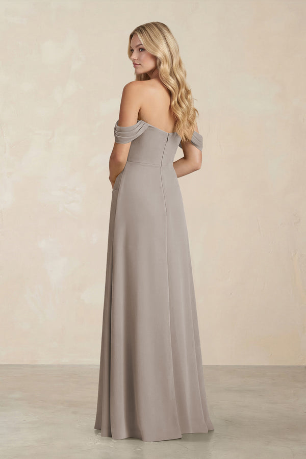 Off-the-Shoulder Corset Sheath Chiffon Bridesmaid Dress in Frost (2) | KISSBRIDAL